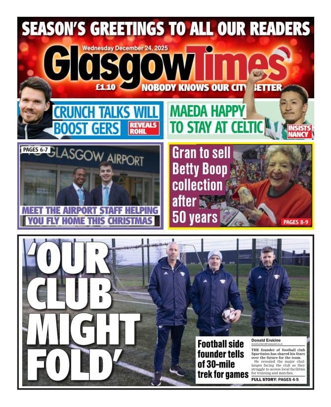Glasgow Times front page featuring Spartinios and the headline 'Our Club Might Fold'