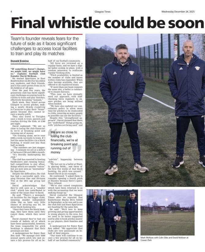 Glasgow Times article page covering Spartinios' concerns about access to local facilities